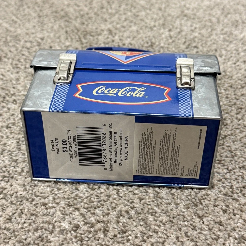 Coca-Cola Workbox Tin Lunch Box Dome Top Metal Latch Blue Silver 6x5x3.25 2002